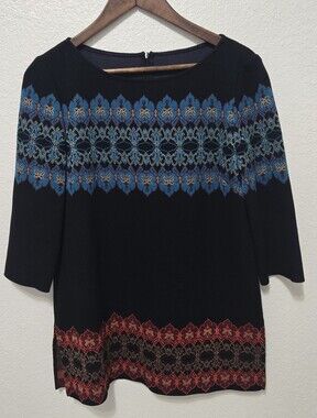 St John wool blend 3/4 sleeve crewneck blouse floral pattern black blue red